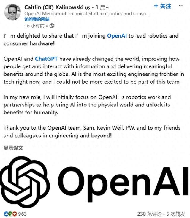 OpenAI变“硬”了！招揽Meta AR眼镜负责人领导机器人业务